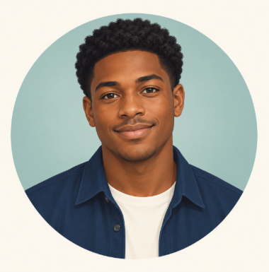 David’s illustrated avatar, wearing a navy shirt against a soft teal circle