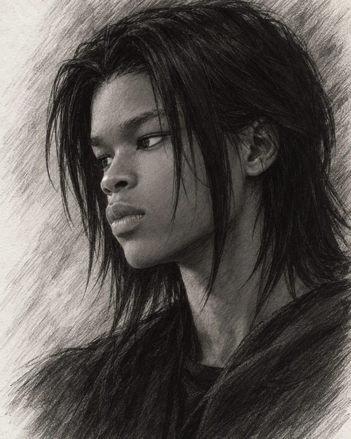Black-and-white graphite-style portrait of a woman with a dramatic sideward gaze and textured pencil strokes, featured as creative artwork