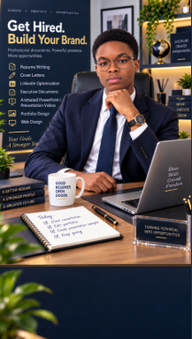 Supplied promotional image of a seated professional at a desk with career, website, portfolio, and animated presentation services displayed