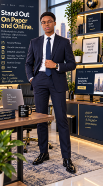 Supplied promotional office image of a standing professional beside career and digital-service displays